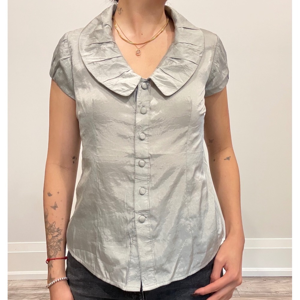 Y2K Silver Satin Peter Pan Collar Blouse | Coquette Fairy Grunge Button‎ Top